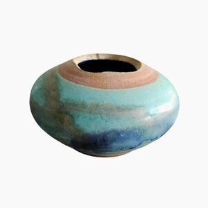 Handmade Ceramic Bud Vase w Blue Green Glaze 4", Artist Signed Pottery Cache Pot